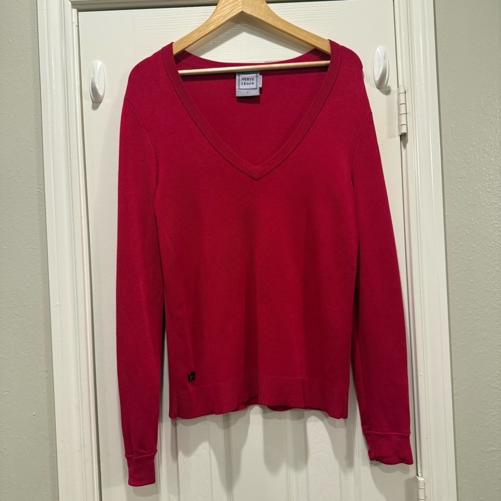 Herve Leger Sweater Women’s S V Neck Pink Red Designer Luxury Preppy Academia